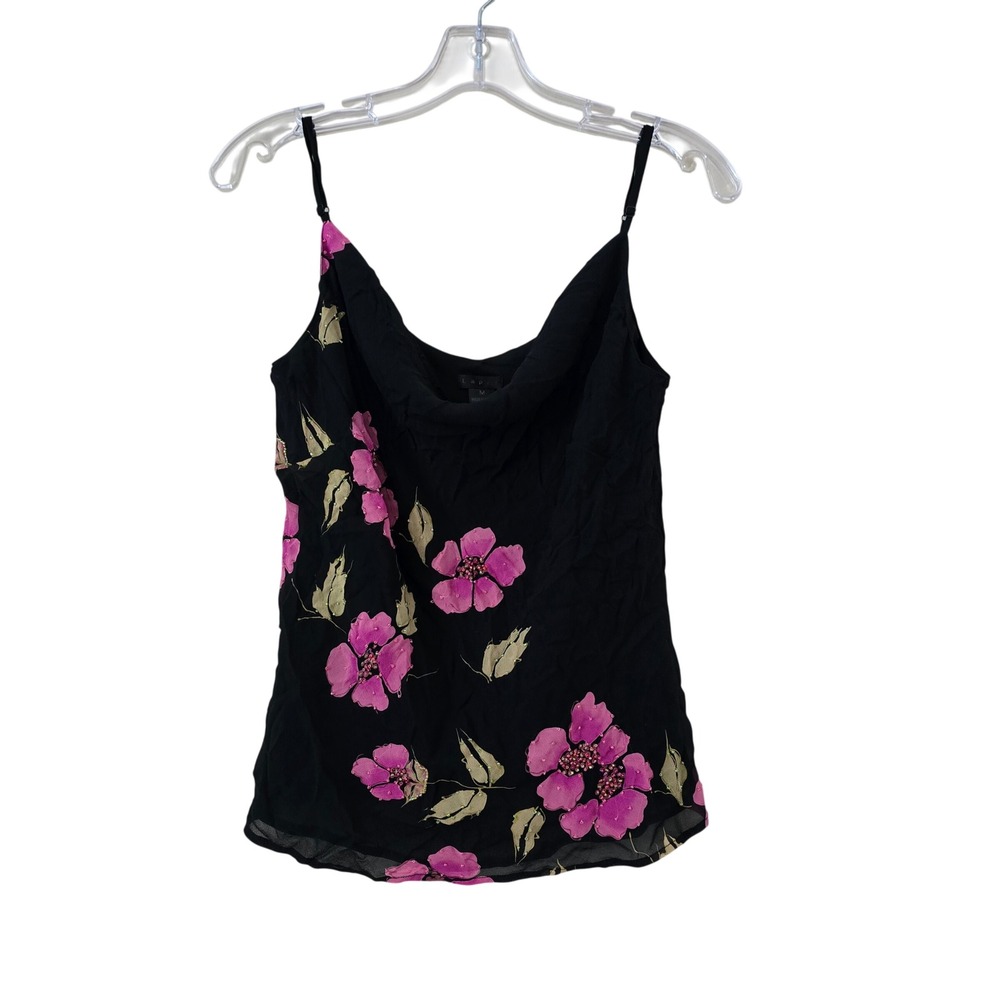 Lapis Silk Beaded Floral Cowl Neck Camisole Top Black Pink Medium
